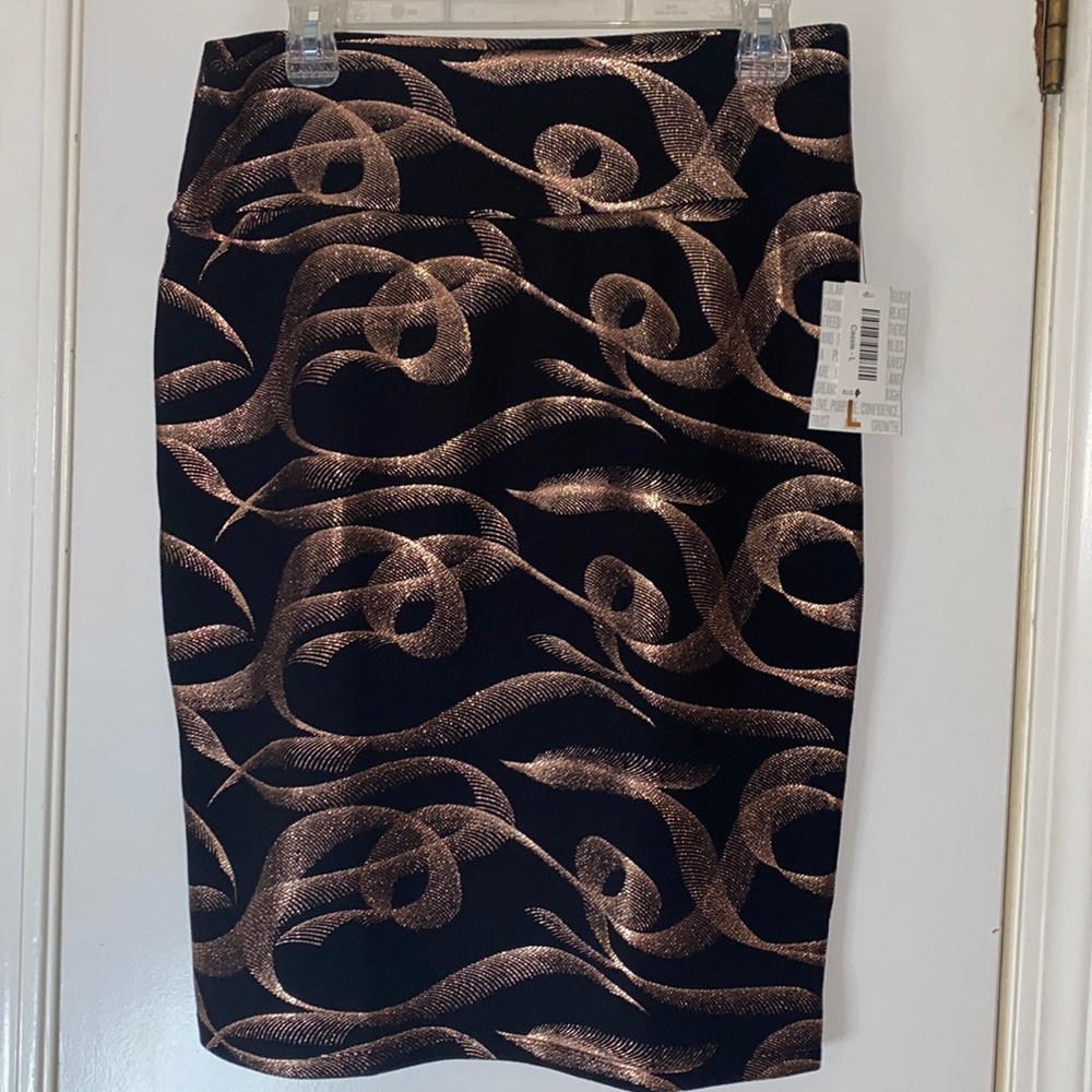Lularoe Elegant Gold Ribbon Large Cassie Pencil Skirt.